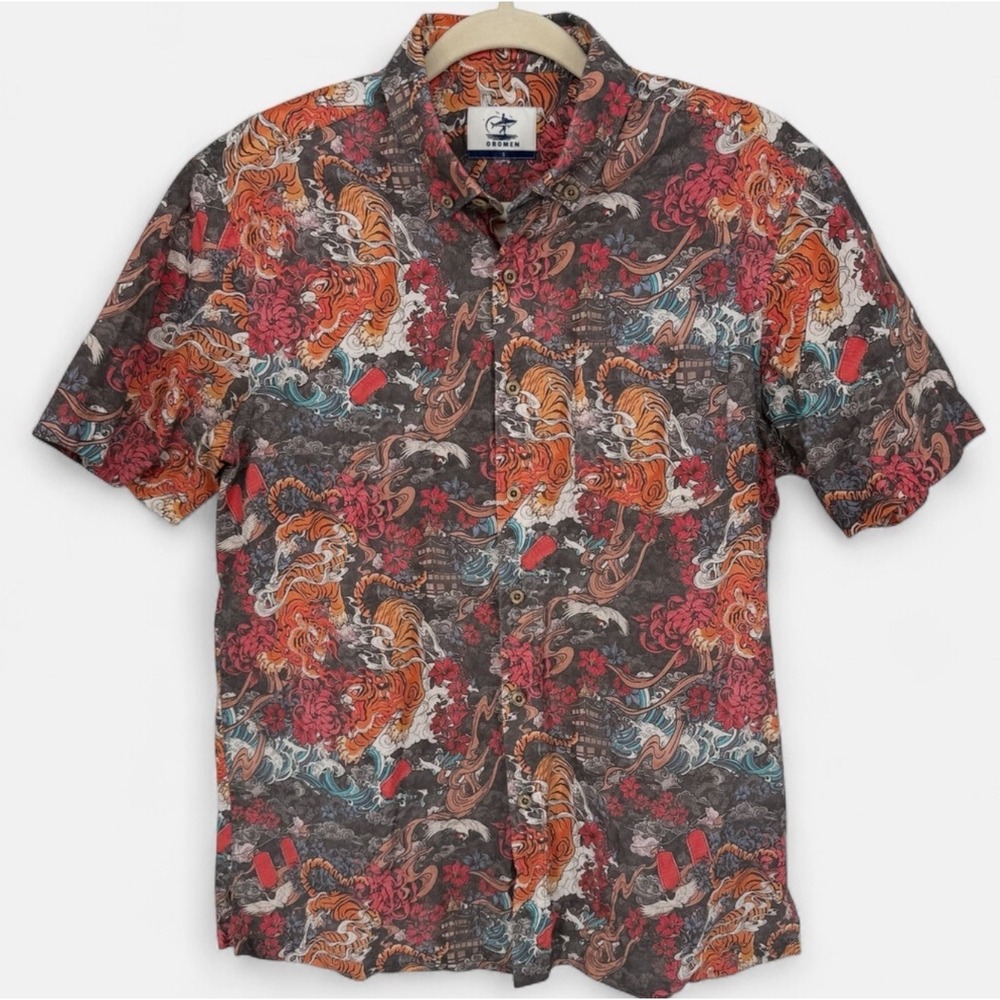 Men's Casual Short Sleeve Button-Down Shirt - Multicolor Floral Tiger Print